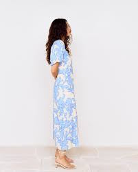 Alessia Sleeved Midi Dress - Blue/Cream Floral