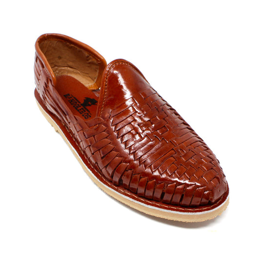 Bandoleros men's handmade chestnut leather Mexican huarache sandals featuring traditional woven genuine leather slip-on design