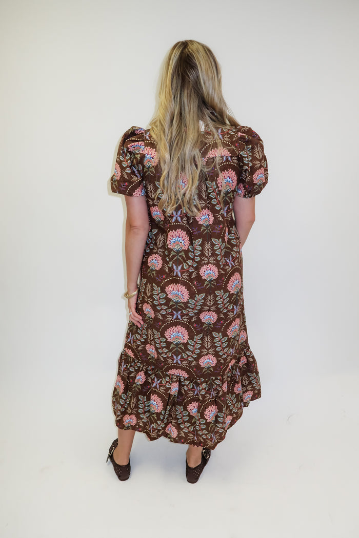 Autumn Bloom Brown Floral Eyelet Midi Dress - The Pink Tulip Clothing