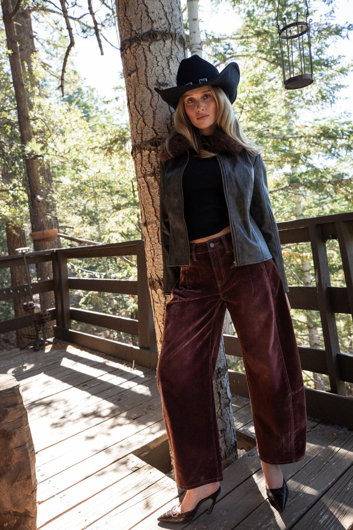 Alternate angle of the espresso jacket highlighting the overall design.