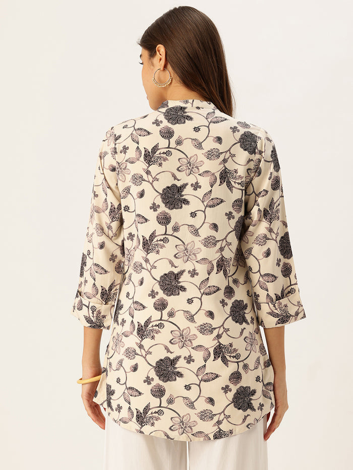 Beige & Black Floral Printed Mandarin Collar Tunic