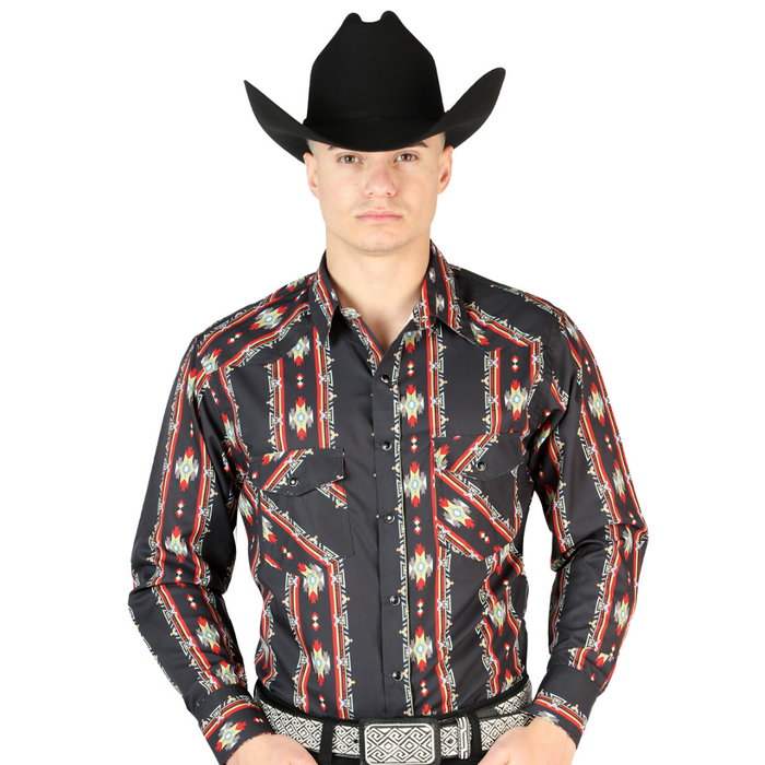 Model wearing El General men’s Black multicolor geometric print long sleeve Western shirt