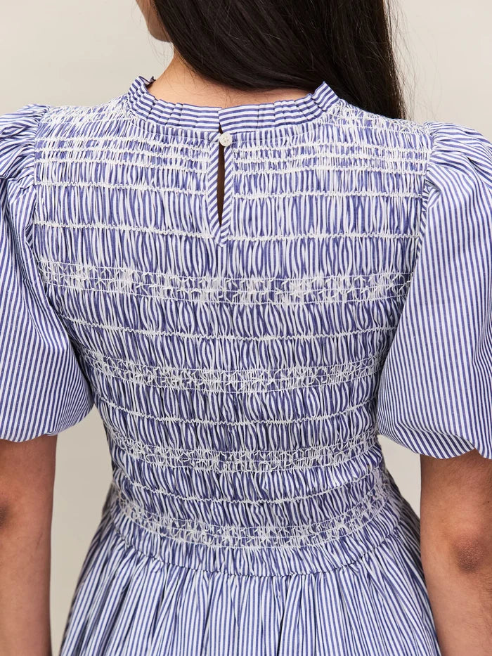 Blue and white stripe midi dress with shirred bodice and short puff sleeves
