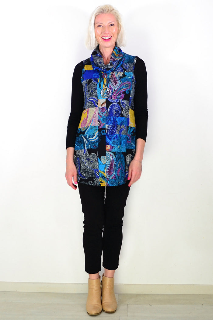 Blue Yellow Paisley Print Cowl Neck Tunic Top