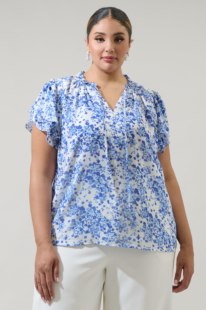 Camellia Floral Jewel Split Neck Top Curve