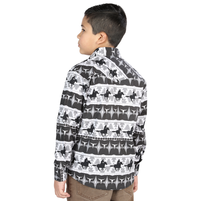 El General boys’ black and white horse and Aztec print western long sleeve shirt – back view