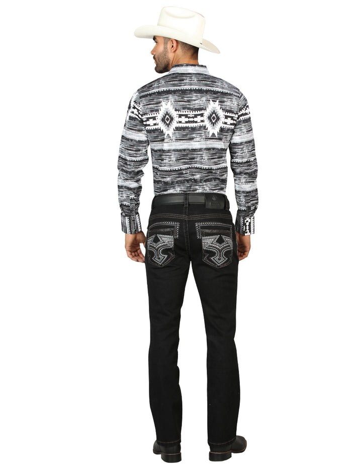 Centenario Men's Black Denim with Gray Embroidered Details