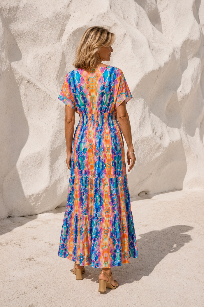 Claudia Vibrant Shirred Maxi Dress Multi