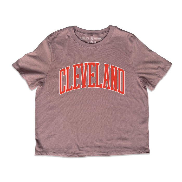 Women’s Cleveland Arch brown and orange heavyweight boxy t-shirt with collegiate Cleveland graphic