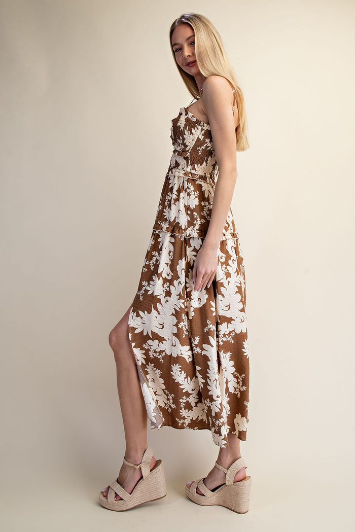 Cocoa Bloom Smocked Maxi Dress - Brown