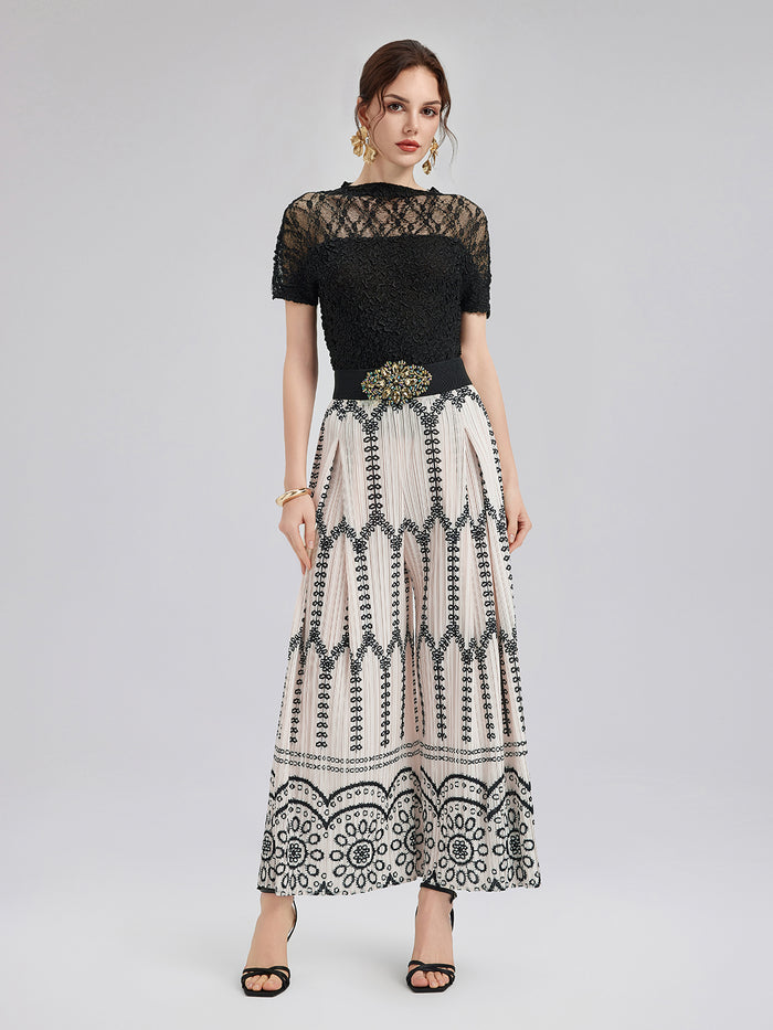 Cutout Lace Mesh Pleated Fitted Top