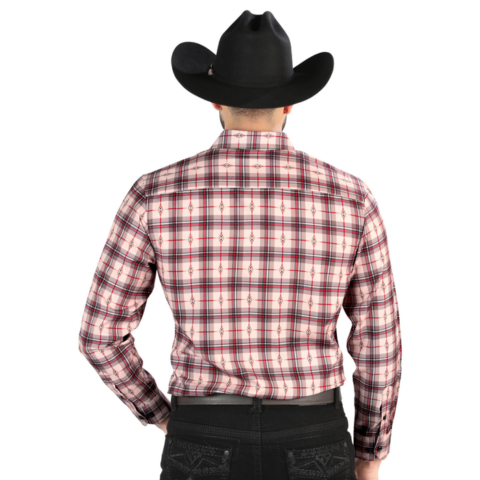 Back view of El General Men's Beige and Red plaid Western button-down shirt