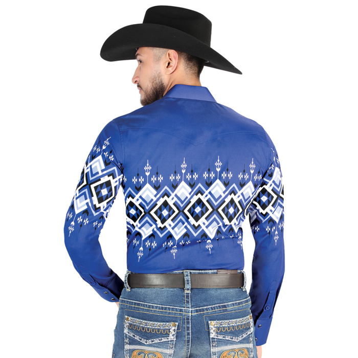 El General men’s blue and white Aztec print Western shirt – back view