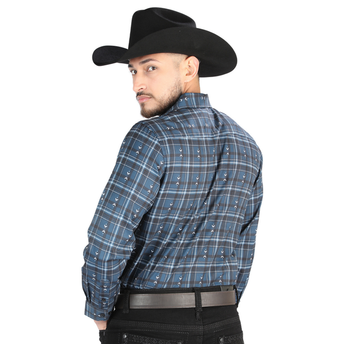 El General Men’s Navy and Gray plaid long-sleeve Western button-down shirt