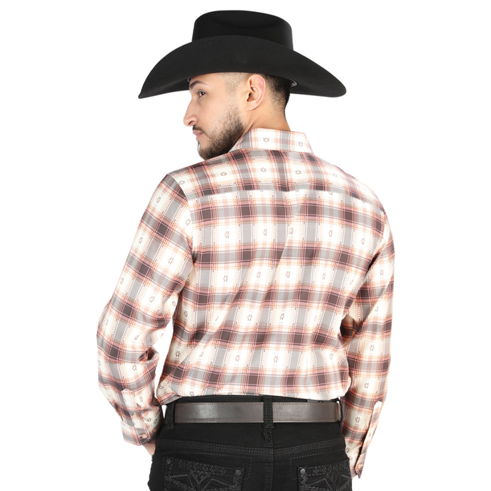 El General Men’s Orange and Beige plaid long-sleeve Western button-down shirt
