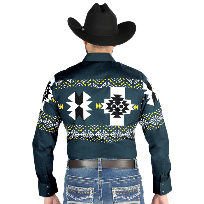 El General men’s teal and white Aztec print Western shirt – back view