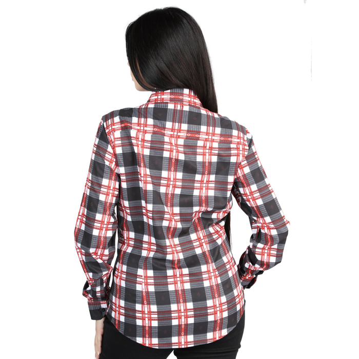 Back view of El General Women's White and Red plaid Western button-down shirt