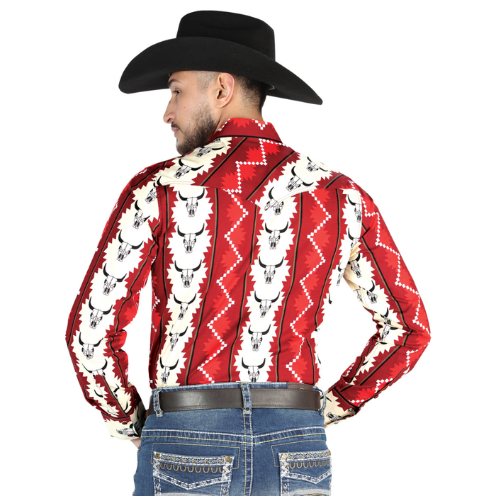 El General men’s off white and red bull skull print Western long sleeve shirt – back shirt view