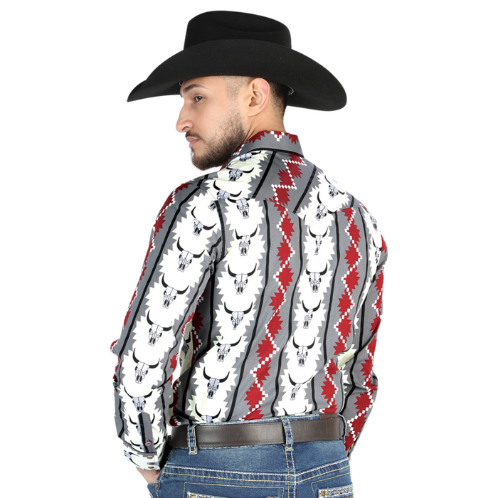 El General men’s gray and red bull skull print Western long sleeve shirt – back view