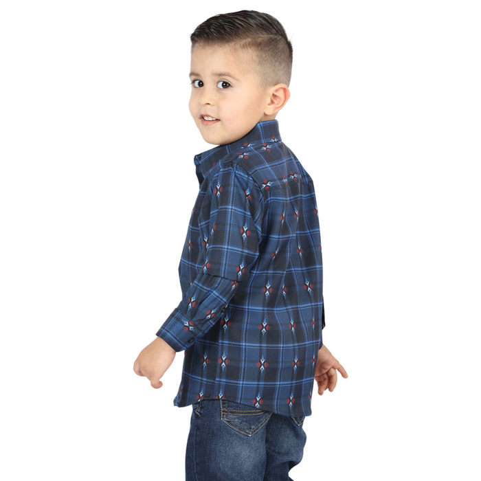 Back view of El General kids’ Blue and Black plaid Western button-down shirt on young boy