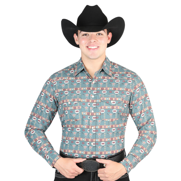 Model wearing El General men’s Green bull skull print long sleeve Western shirt