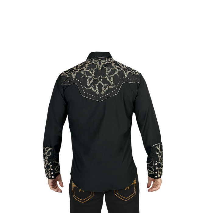El General Men’s Black and Gold Embroidered Charro Western Shirt back view