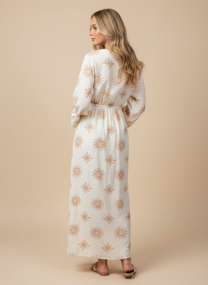 Embroidered V Neck Drawstring Maxi Dress