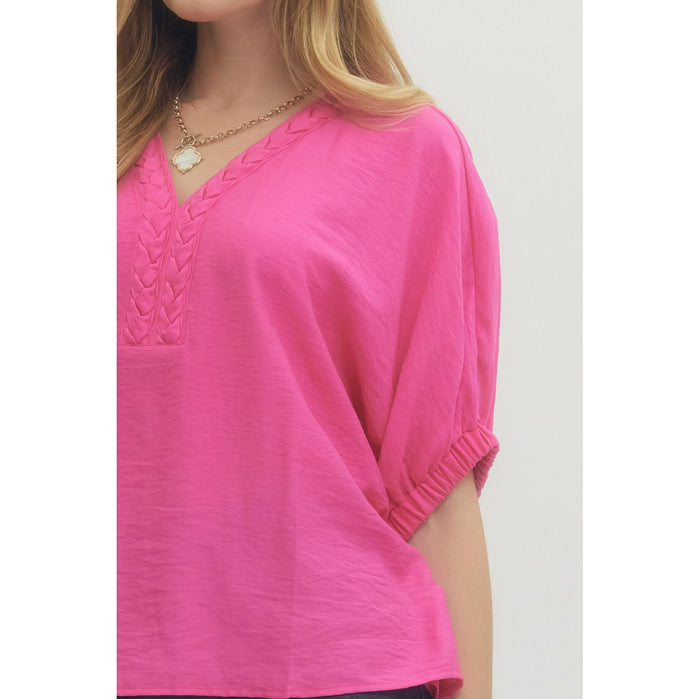 ENTRO - V-Neck, Dolman Top w Trenza Detail 6938 - Pink
