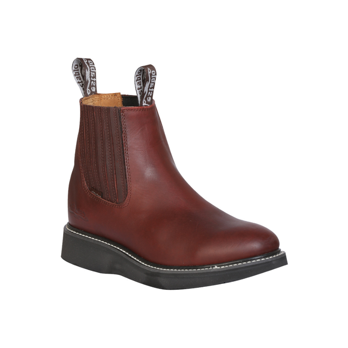 Brown leather boot with a white background