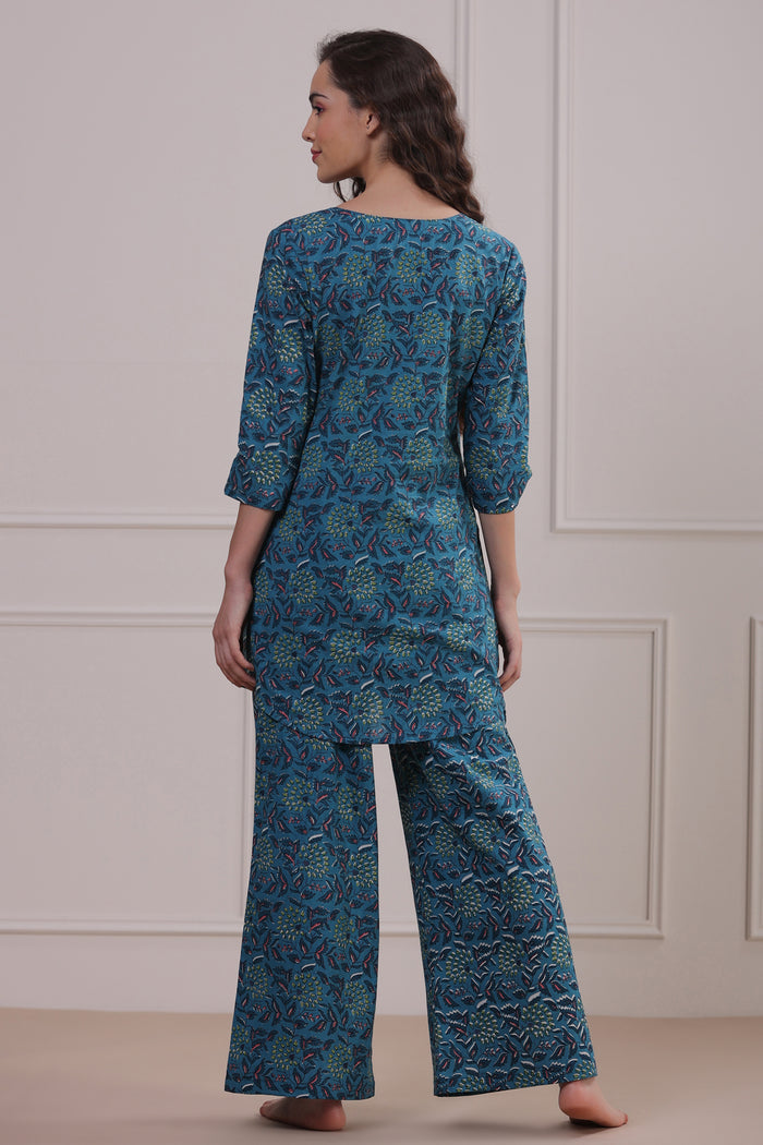 Gardenia On Blue Cotton Palazzo Loungewear Set