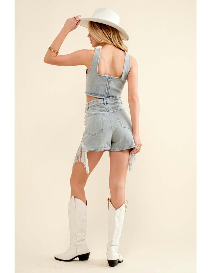 Garment Washed Denim Studded Star Print Crop Top