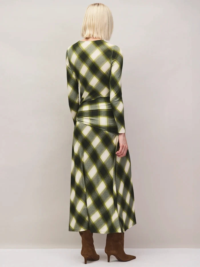 Green check waist tie midi dress