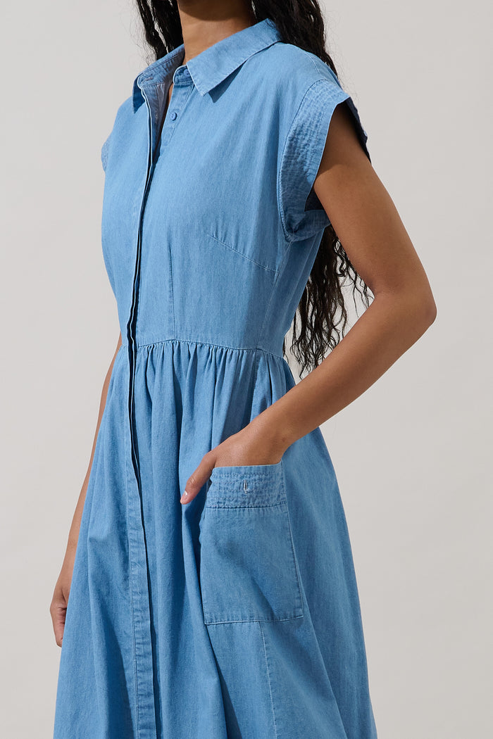 Grenola Button Up Collared Midi Dress Denim