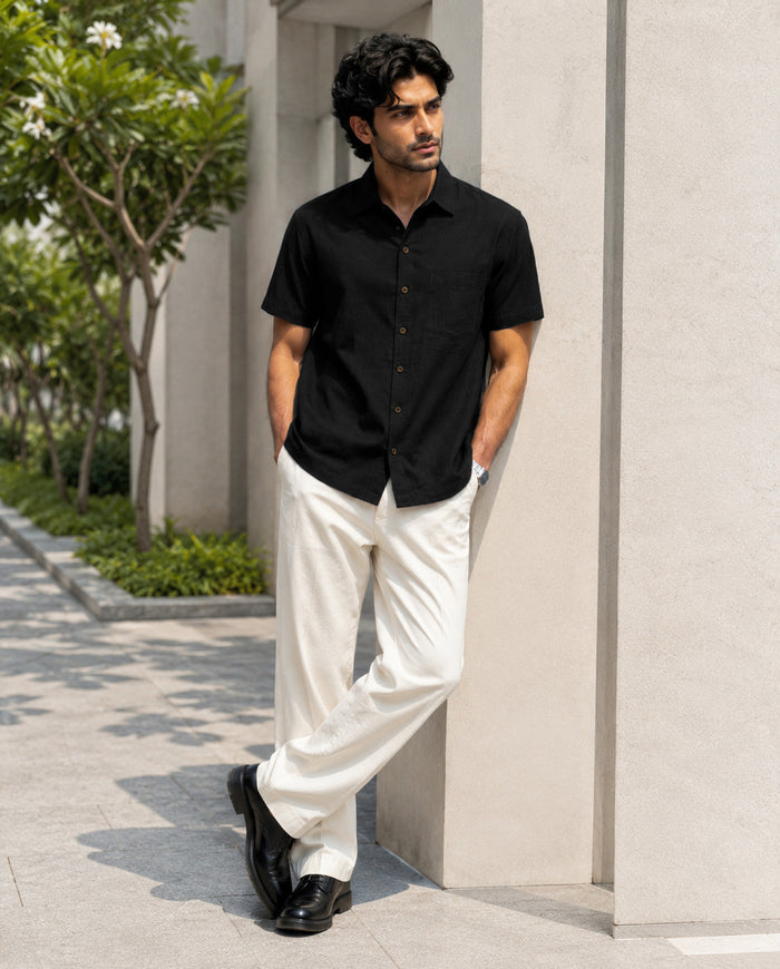 Half-Sleeve Crush Viscose Shirt in Black