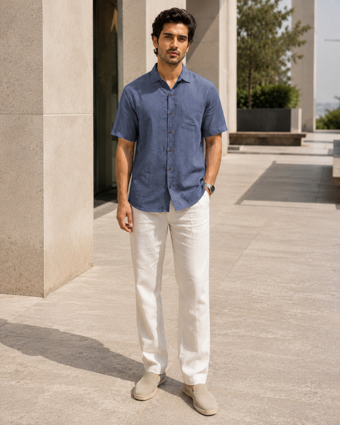 Half-Sleeve Crush Viscose Shirt in Blue