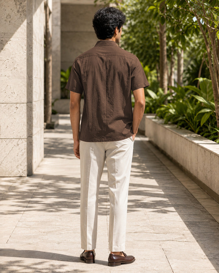 Half-Sleeve Crush Viscose Shirt in Brown