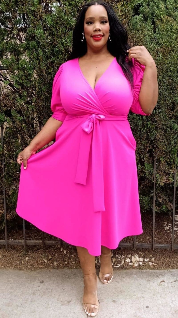 Hi Curvy Plus Size Women Wrap Midi Dresses with Pockets and belt