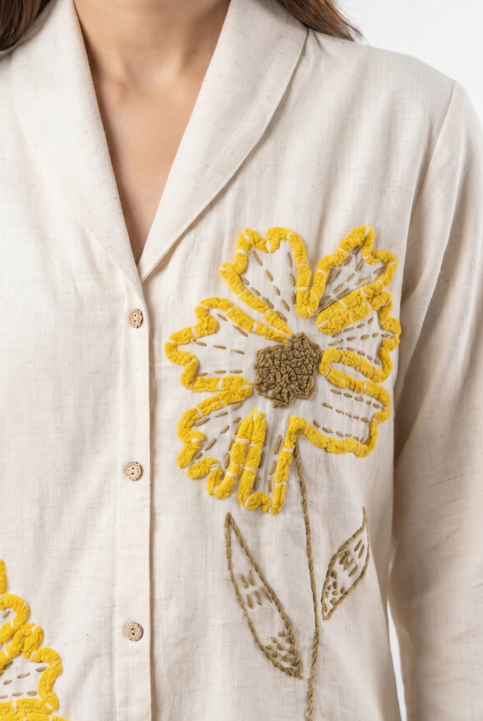 Ivory Floral Embroidery Cotton Flex Co-ord Set