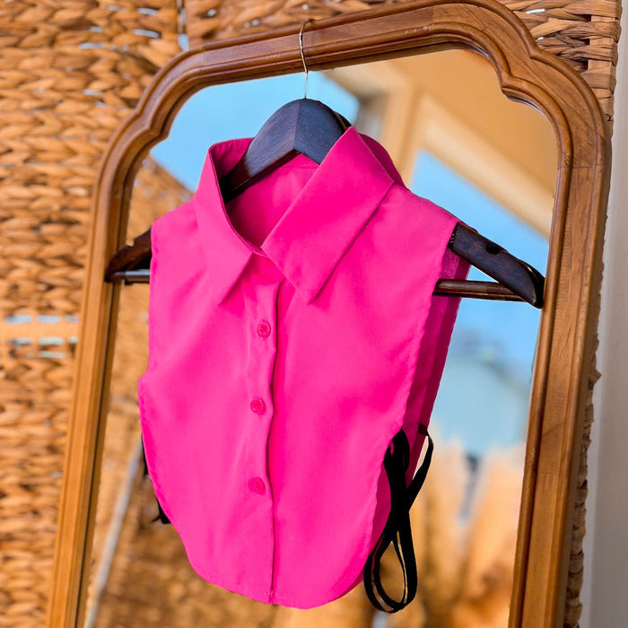 Jewelled, Faux Collared Shirt Top - Hot Pink