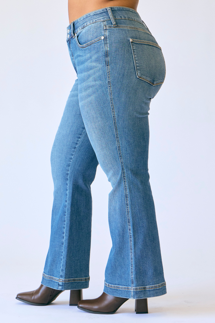 Judy Blue High Waist Tummy Control Petite Flare Double Button Waist Band Jeans