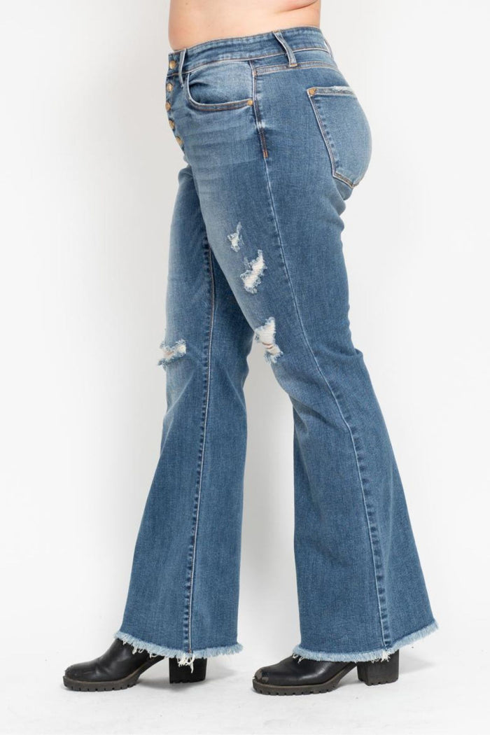 Judy Blue Mid Rise Button Fly Flare with Destroy Fray Hem