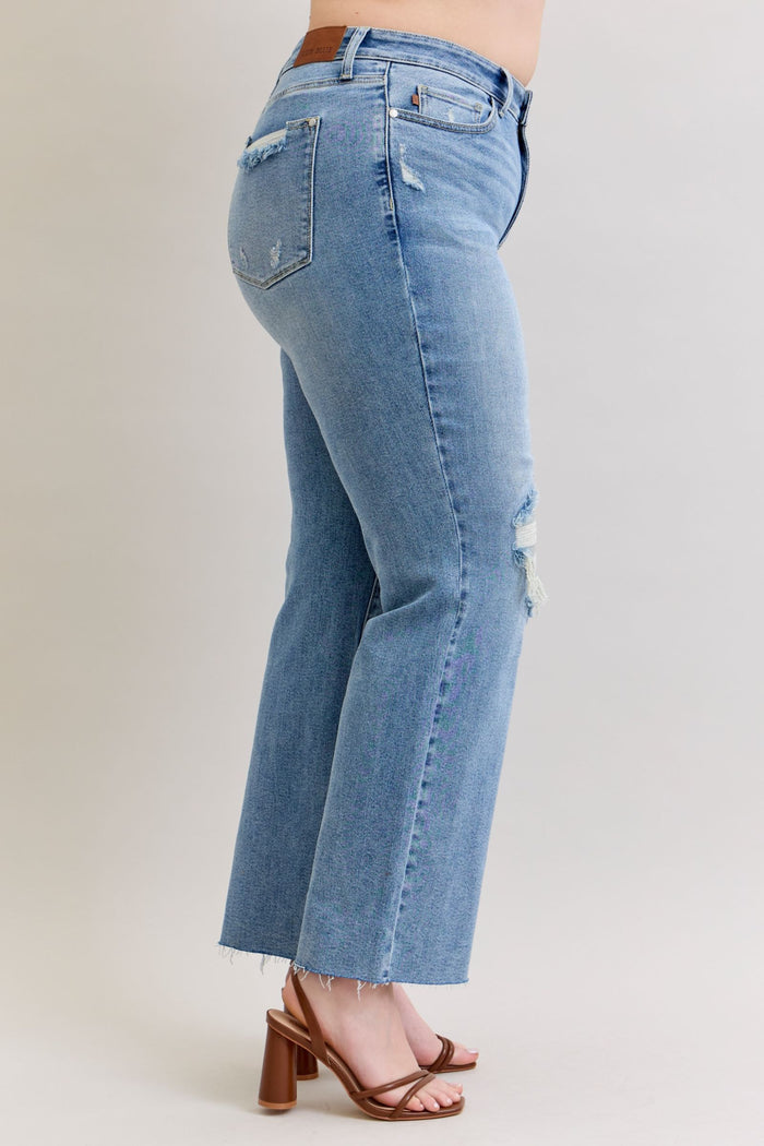 Judy Blue Mid Rise Patch Distressed 90's Straight Leg Raw Hem Jeans