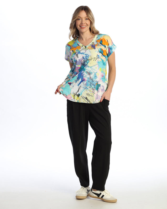 "Kelly" Cotton Modal Easy Fit Short Sleeve V-Neck Top - KM2-2050