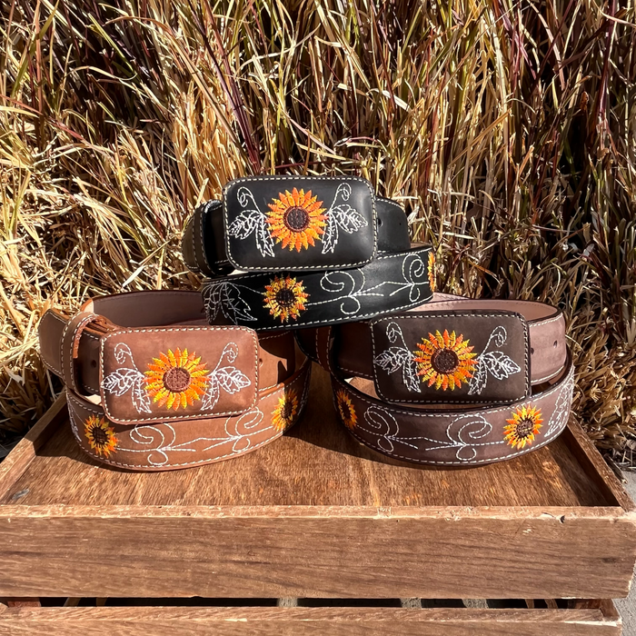 Leather Sunflower Belt w/ Square Buckle - Café