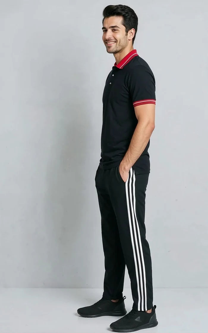Men's Black Polo T-Shirt & Black Stripe Trouser Lounge Set