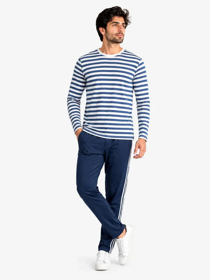 Men's Blue & White Striped Full Sleeve T-Shirt & Navy Stripe Trouser Lounge Set - Hinz Clothing