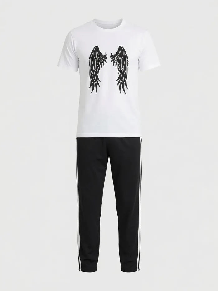Men's White Graphic T-Shirt & Black Side Stripe Trouser Set (Angel Wings )
