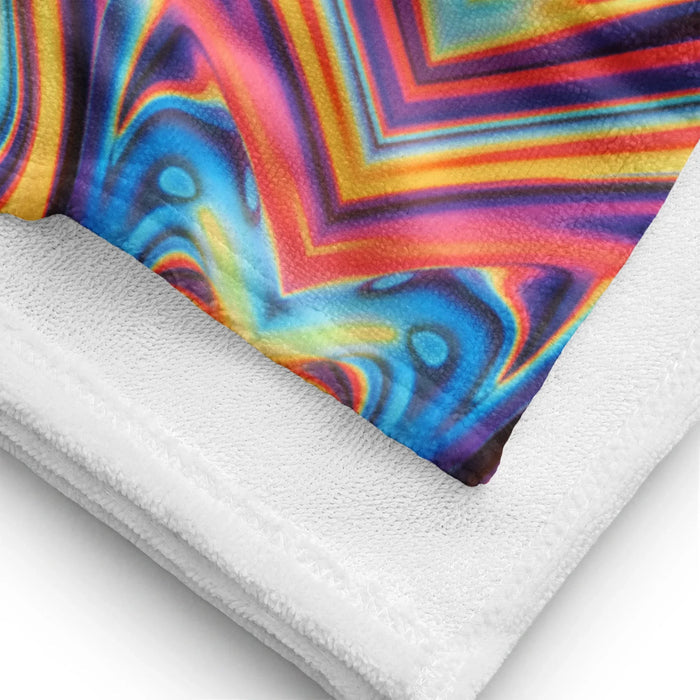 Metallic Flow Beach Towel - The distinctive "melted mercury" effect where electric cyan (#00FFFF) ribbons distort into deep galactic indigo (#2E004F), creating a faux-tactile sensation of viscous, flowing metal