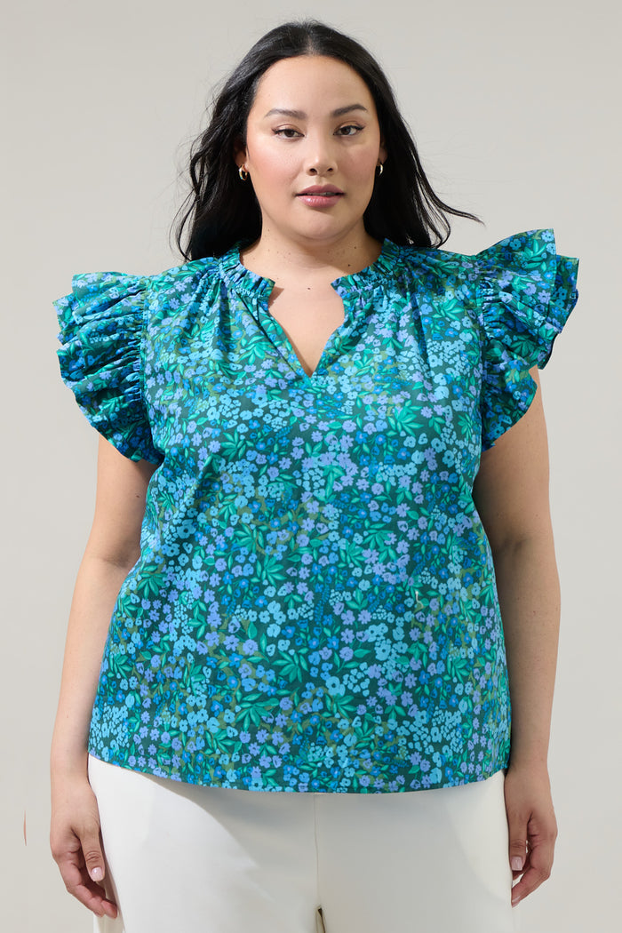 Midnight Floral Risette Ruffle Split Neck Top Curve