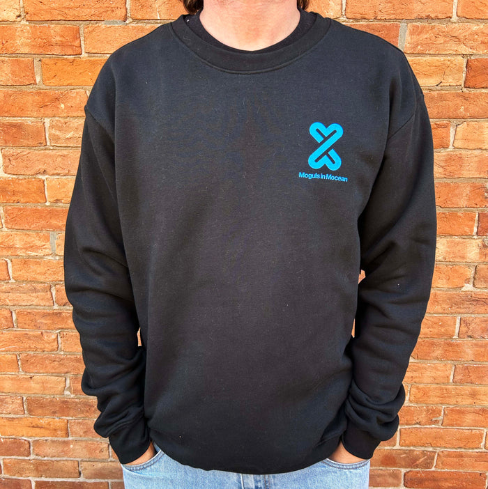 MOGULS IN MOCEAN OG LOGO BLACK CREWNECK WITH SKY BLUE WORDMARK